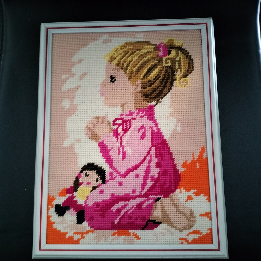 Framed Cross-Stitch Art with Girl in Pink